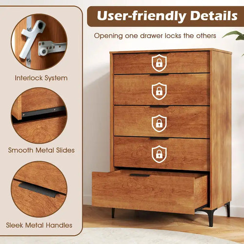 5-Drawer Dresser w/ Interlock System Metal Support Legs &