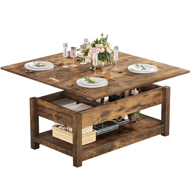 Lift Top Coffee Table Extendable Tabletop with Hidden Storage and Shelves