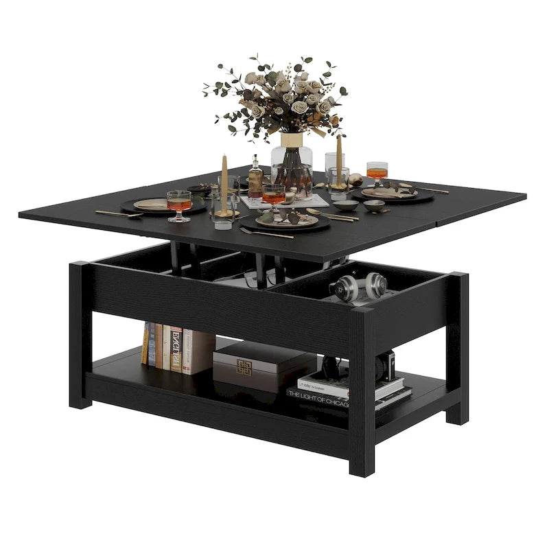 Lift Top Coffee Table Extendable Tabletop with Hidden Storage and Shelves