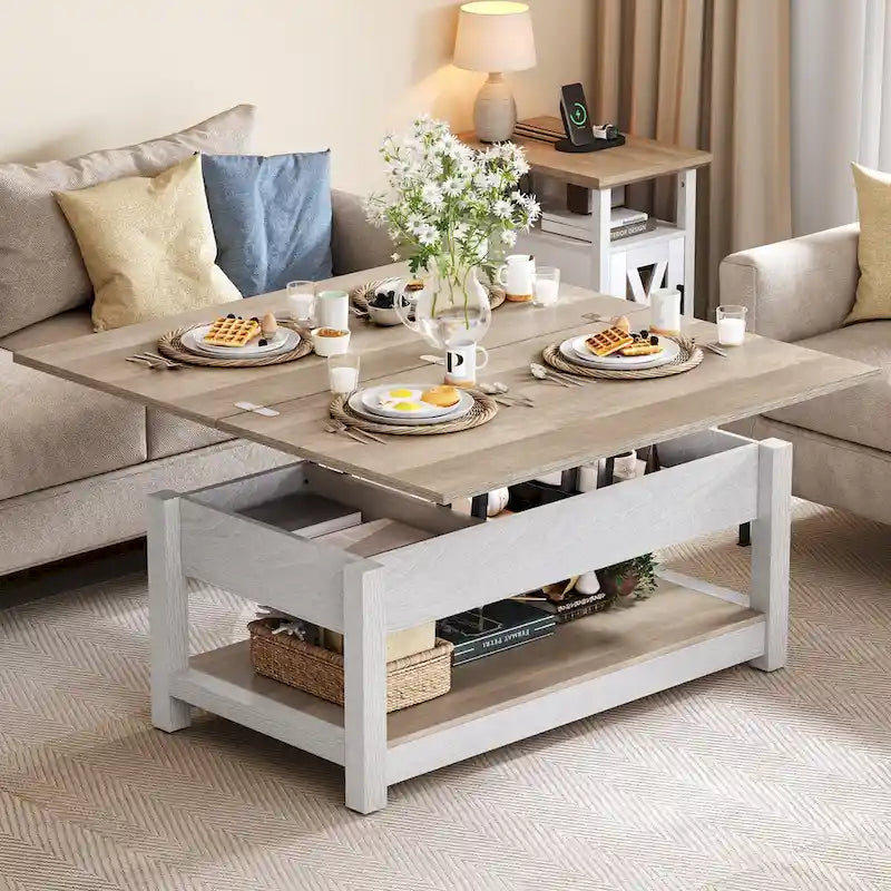 Lift Top Coffee Table Extendable Tabletop with Hidden Storage and Shelves