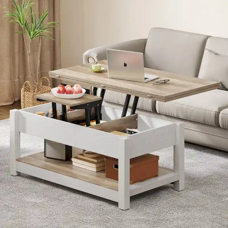 Lift Top Coffee Table Extendable Tabletop with Hidden Storage and Shelves