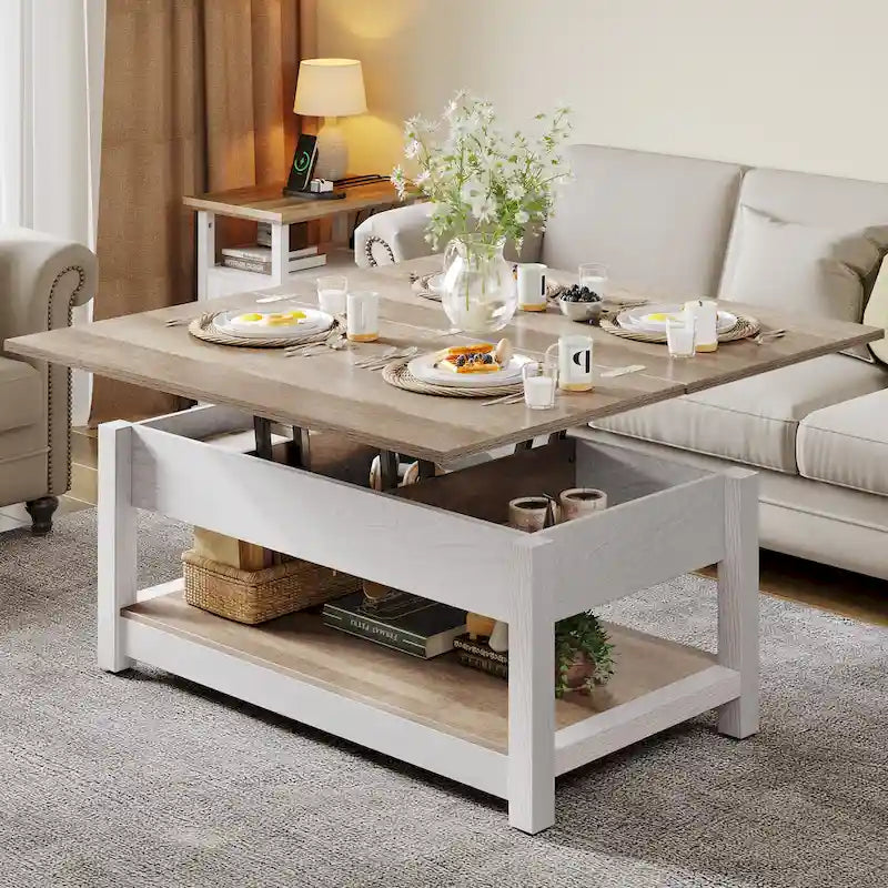 Lift Top Coffee Table Extendable Tabletop with Hidden Storage and Shelves