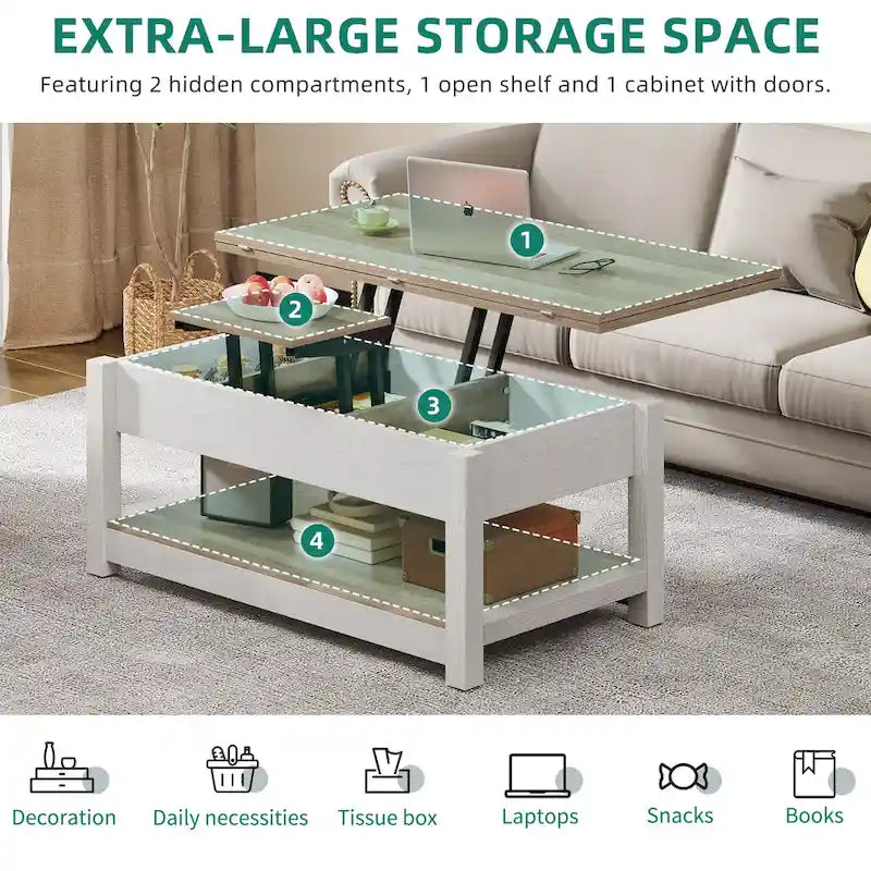 Lift Top Coffee Table Extendable Tabletop with Hidden Storage and Shelves