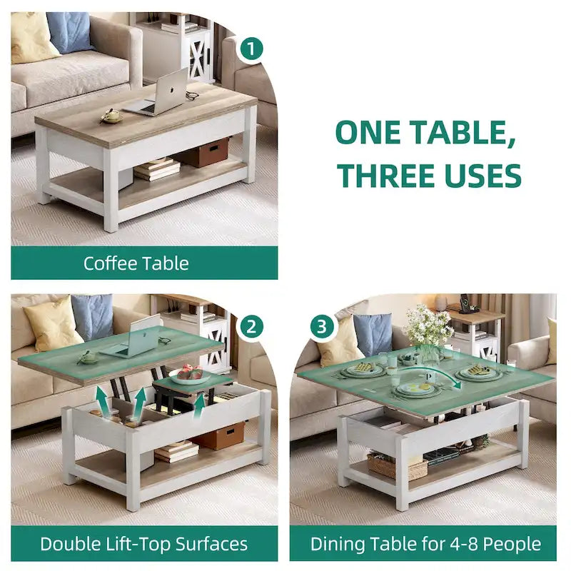 Lift Top Coffee Table Extendable Tabletop with Hidden Storage and Shelves