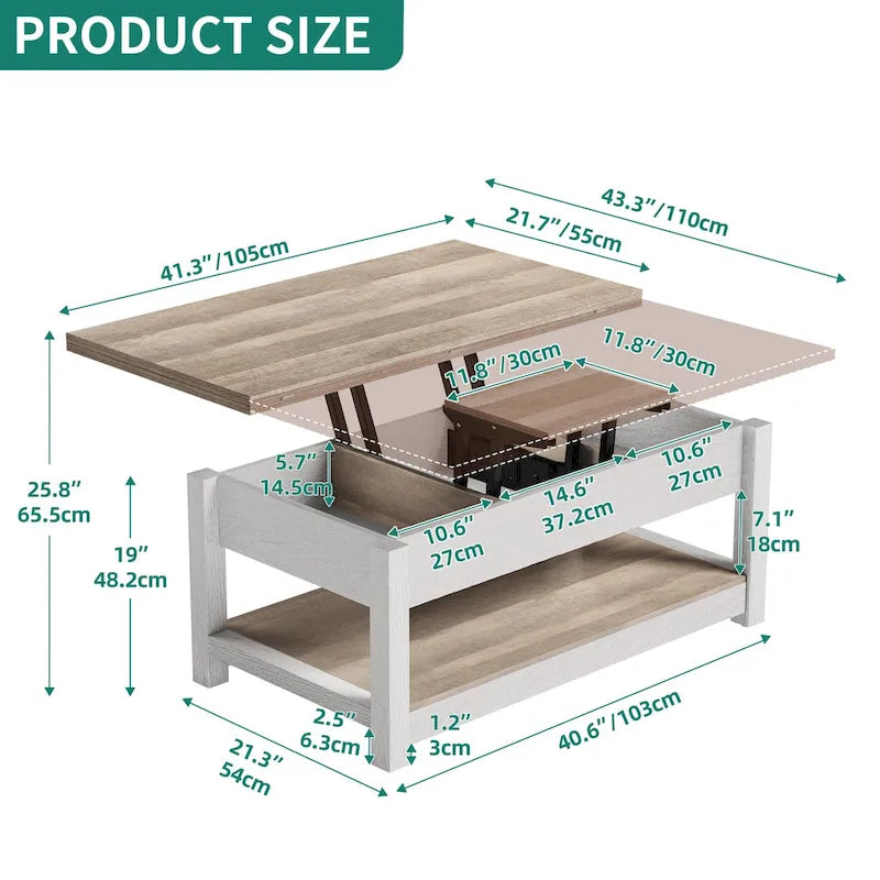 Lift Top Coffee Table Extendable Tabletop with Hidden Storage and Shelves