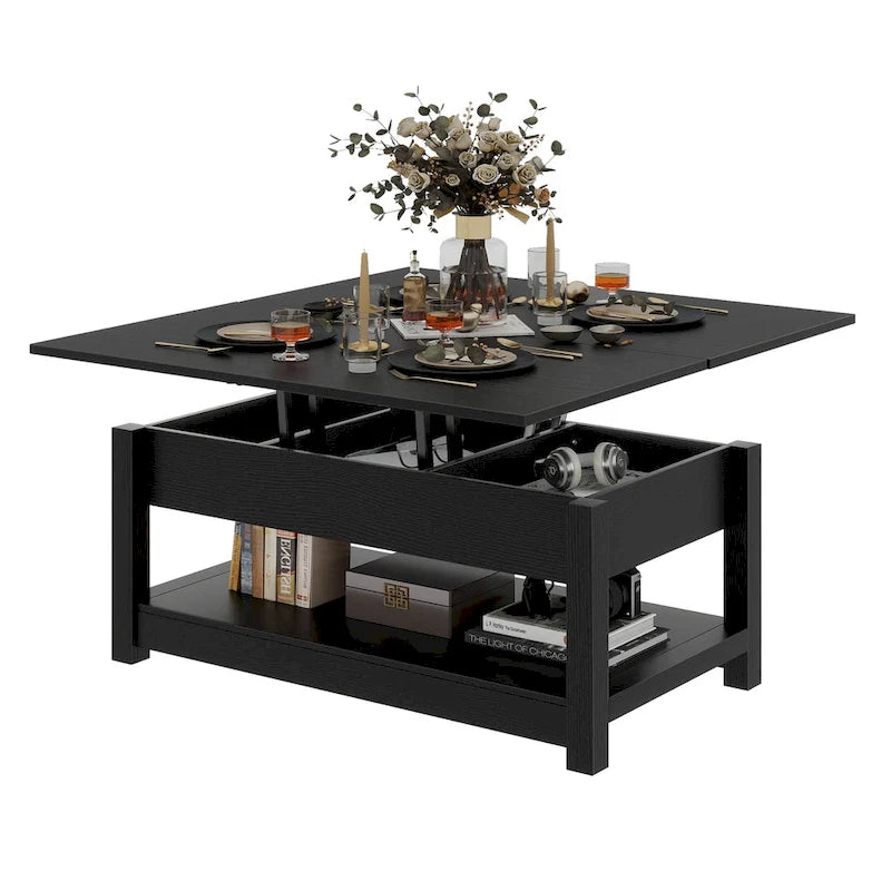 Lift Top Coffee Table Extendable Tabletop with Hidden Storage and Shelves