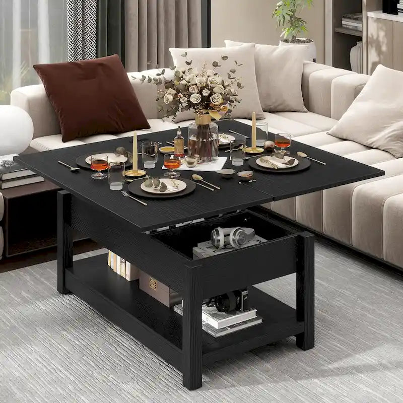 Lift Top Coffee Table Extendable Tabletop with Hidden Storage and Shelves