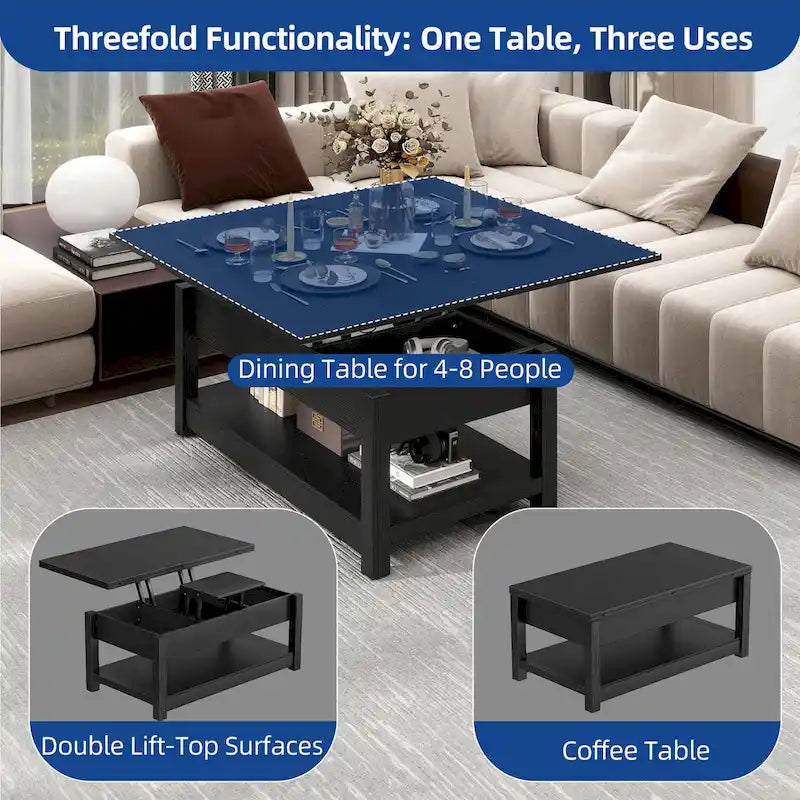 Lift Top Coffee Table Extendable Tabletop with Hidden Storage and Shelves