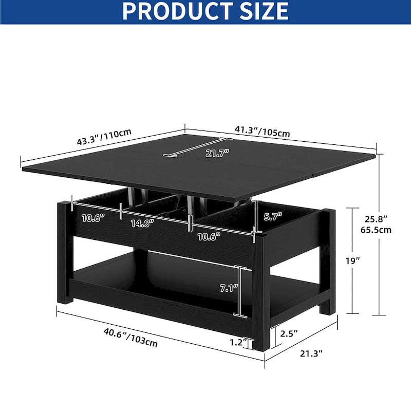 Lift Top Coffee Table Extendable Tabletop with Hidden Storage and Shelves