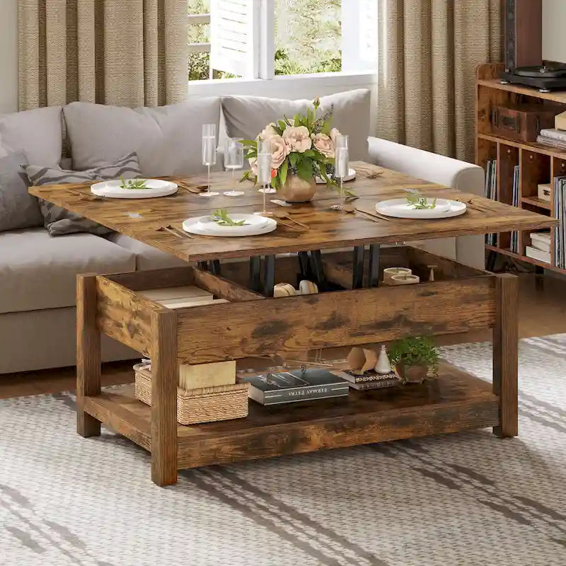 Lift Top Coffee Table Extendable Tabletop with Hidden Storage and Shelves
