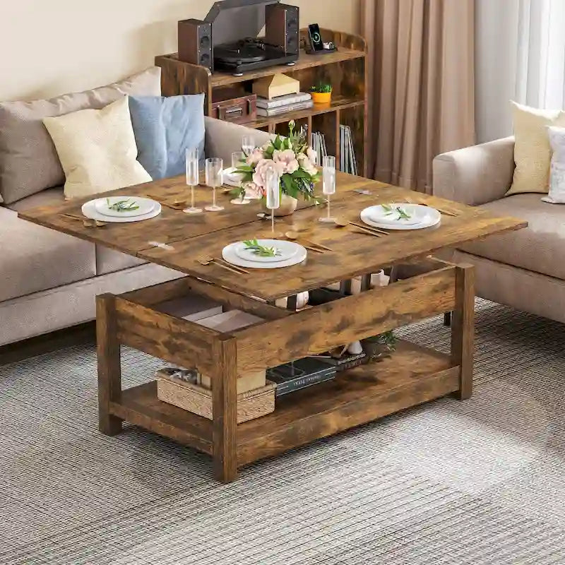 Lift Top Coffee Table Extendable Tabletop with Hidden Storage and Shelves