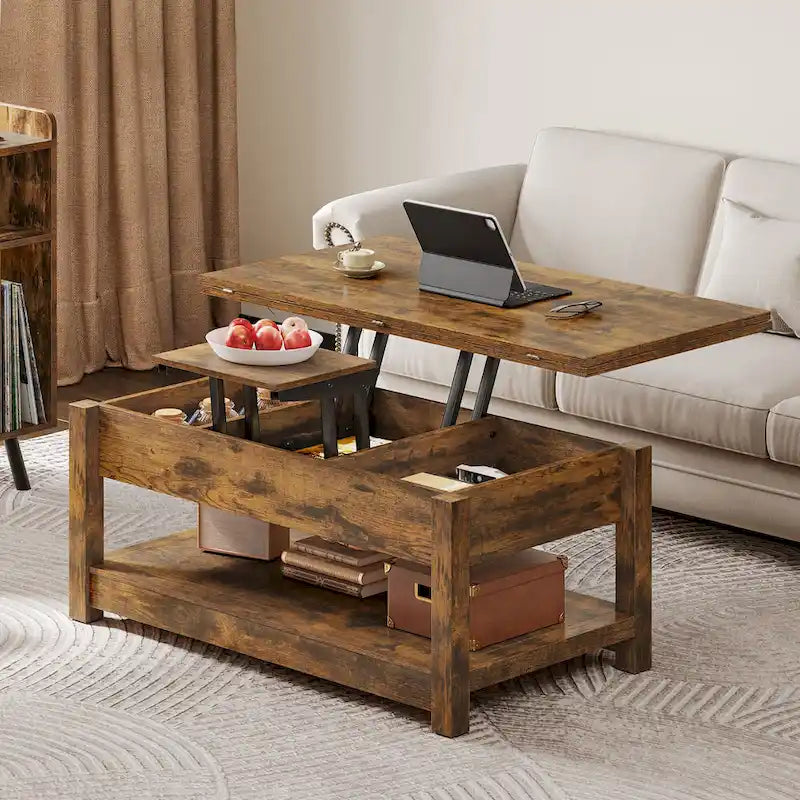 Lift Top Coffee Table Extendable Tabletop with Hidden Storage and Shelves