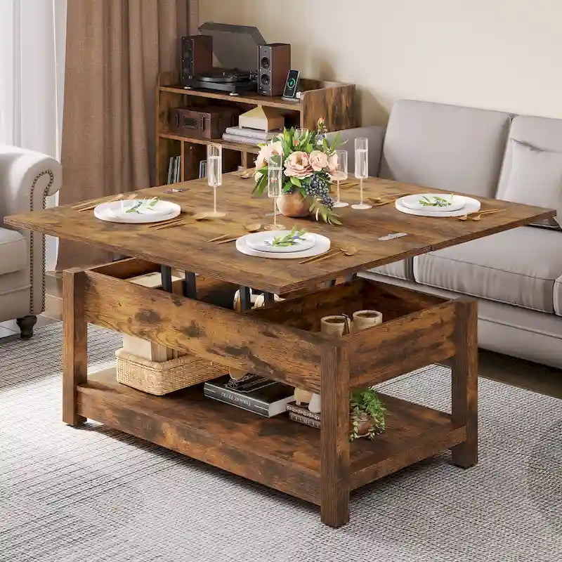 Lift Top Coffee Table Extendable Tabletop with Hidden Storage and Shelves