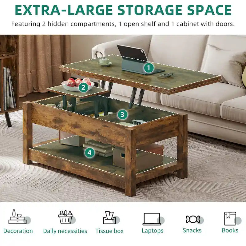 Lift Top Coffee Table Extendable Tabletop with Hidden Storage and Shelves