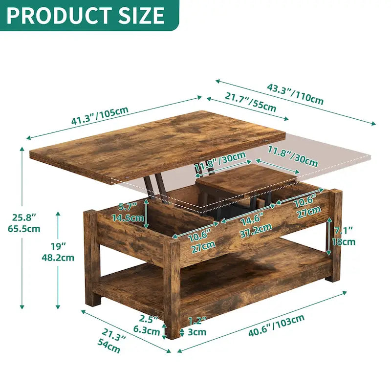 Lift Top Coffee Table Extendable Tabletop with Hidden Storage and Shelves
