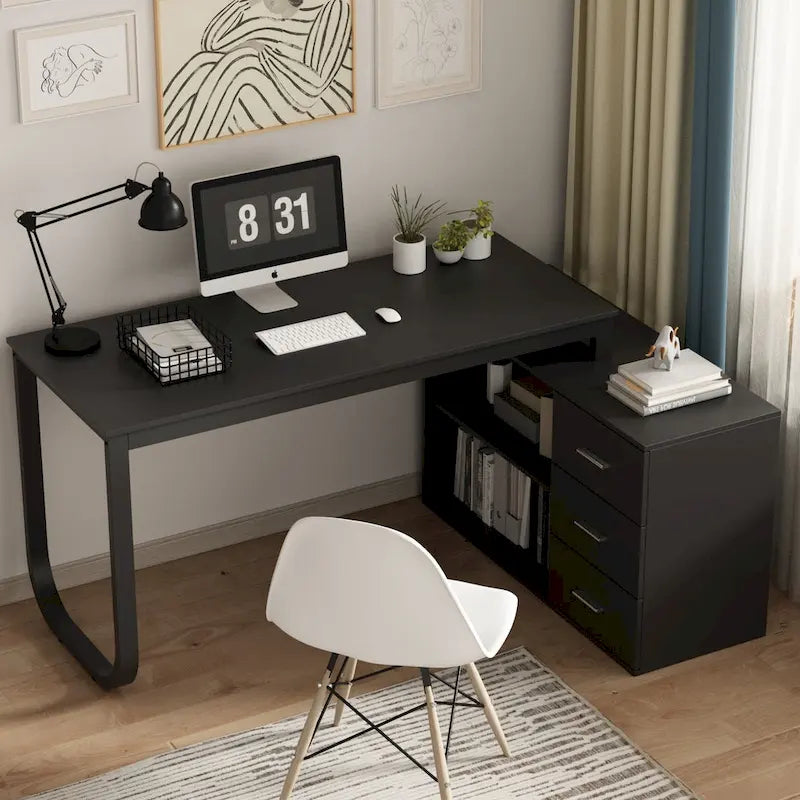 3-Drawer L-Shape Executive Desk Computer Tables With Storage Cabinet