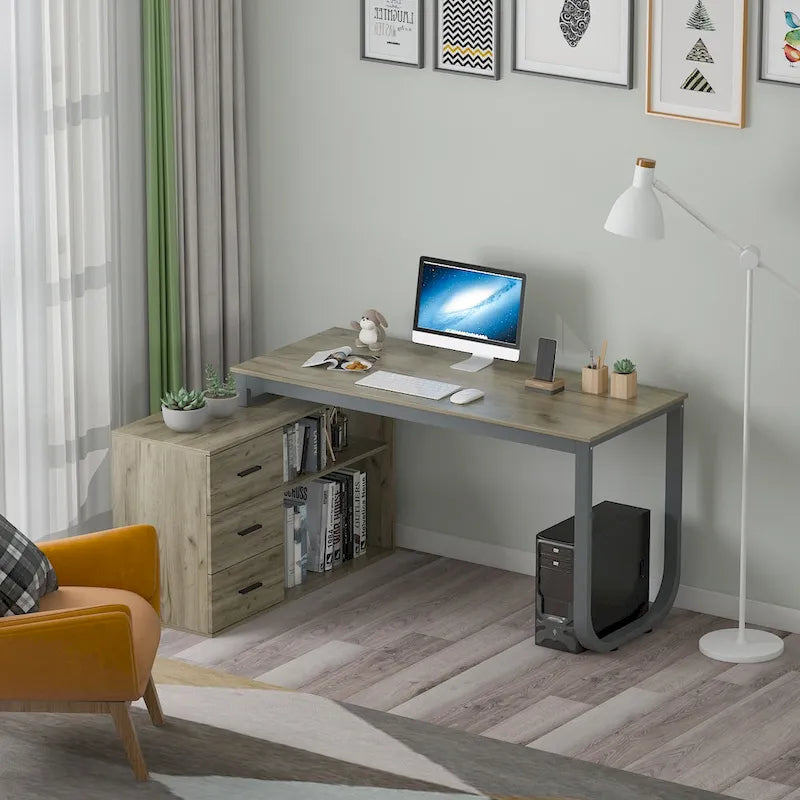 3-Drawer L-Shape Executive Desk Computer Tables With Storage Cabinet