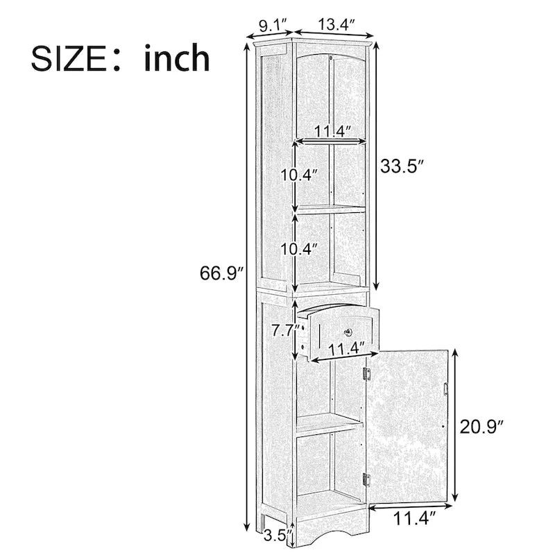 Modern White Bathroom Storage Cabinet with Adjustable Shelf,Drawer - 13.4L x 9.1W x 66.9H