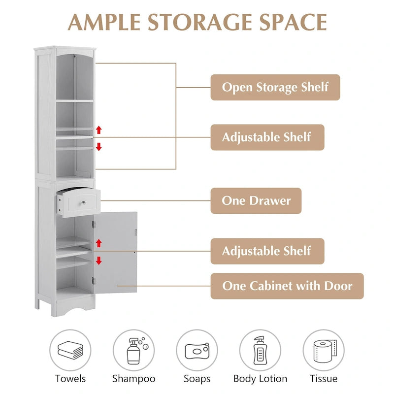 Modern White Bathroom Storage Cabinet with Adjustable Shelf,Drawer - 13.4L x 9.1W x 66.9H