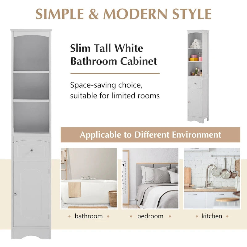Modern White Bathroom Storage Cabinet with Adjustable Shelf,Drawer - 13.4L x 9.1W x 66.9H