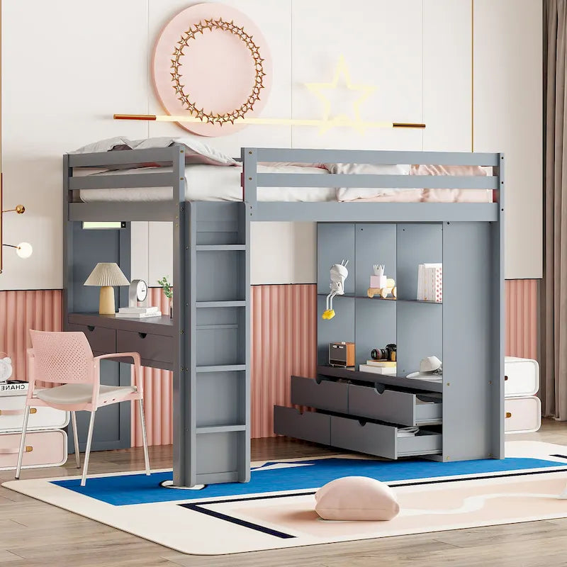 Full Size Loft Bed with large shelves, writing desk and LED Light, Gray