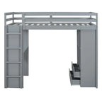 Hoogslaper in volledige maat met grote planken, bureau en ledverlichting, grijs