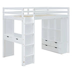 Hoogslaper in volledige maat met grote planken, bureau en ledverlichting, grijs