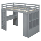Hoogslaper in volledige maat met grote planken, bureau en ledverlichting, grijs