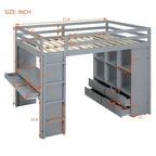 Hoogslaper in volledige maat met grote planken, bureau en ledverlichting, grijs