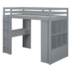 Hoogslaper in volledige maat met grote planken, bureau en ledverlichting, grijs