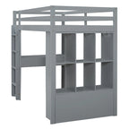 Hoogslaper in volledige maat met grote planken, bureau en ledverlichting, grijs