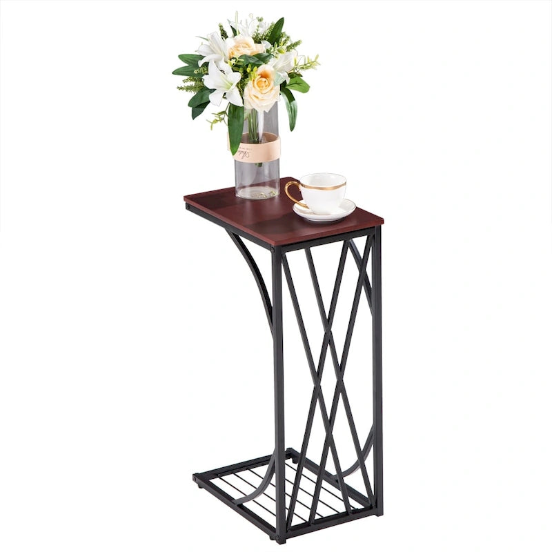 C-Shaped Snack Table Heavy-Duty Sofa Side Table for Living Room with Brown Wood Top