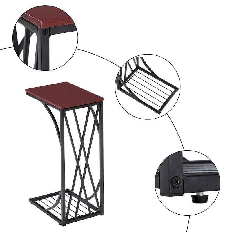 C-Shaped Snack Table Heavy-Duty Sofa Side Table for Living Room with Brown Wood Top