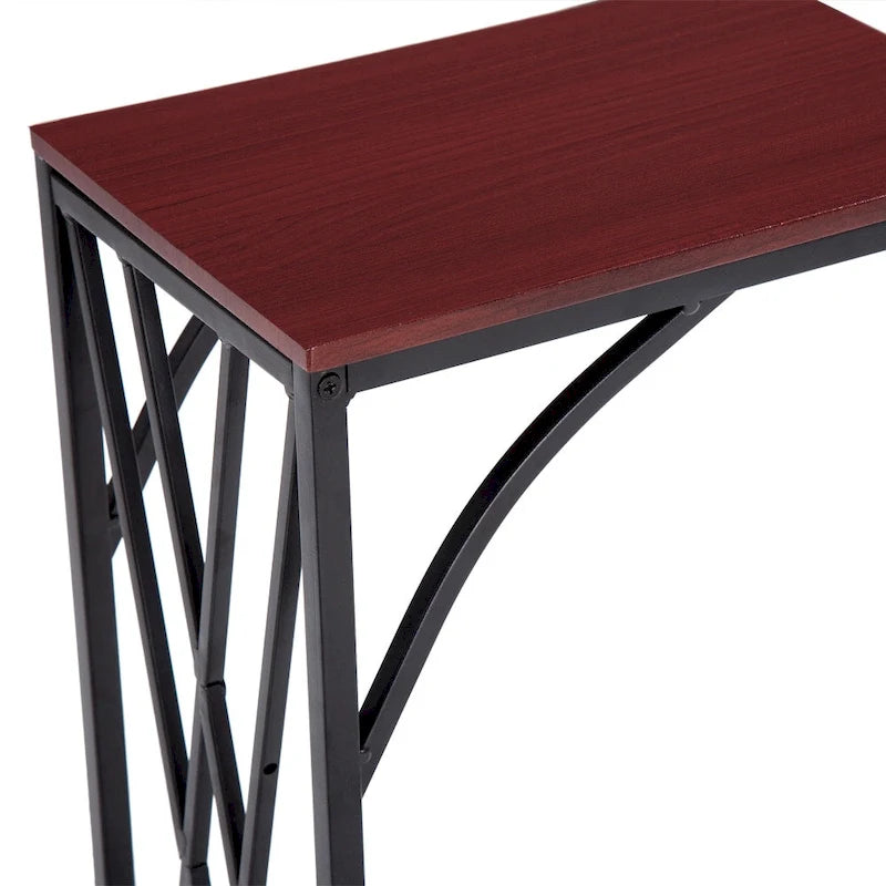 C-Shaped Snack Table Heavy-Duty Sofa Side Table for Living Room with Brown Wood Top