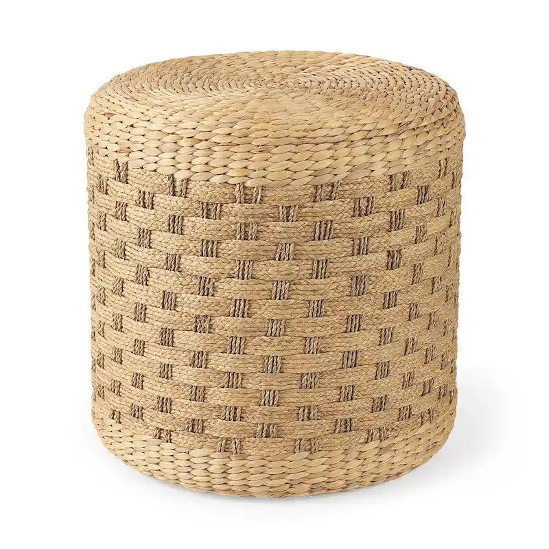 Brown Patterned Woven Seagrass Round Pouf
