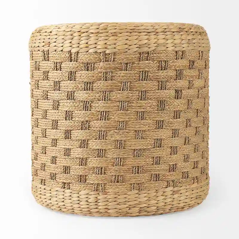 Brown Patterned Woven Seagrass Round Pouf