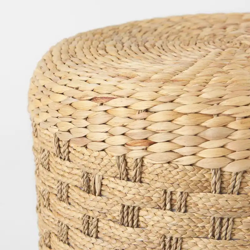 Brown Patterned Woven Seagrass Round Pouf