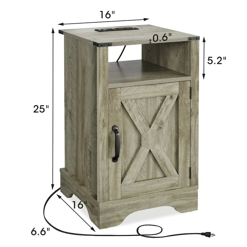 Farmhouse Nightstand with Charging Station and Barn Door