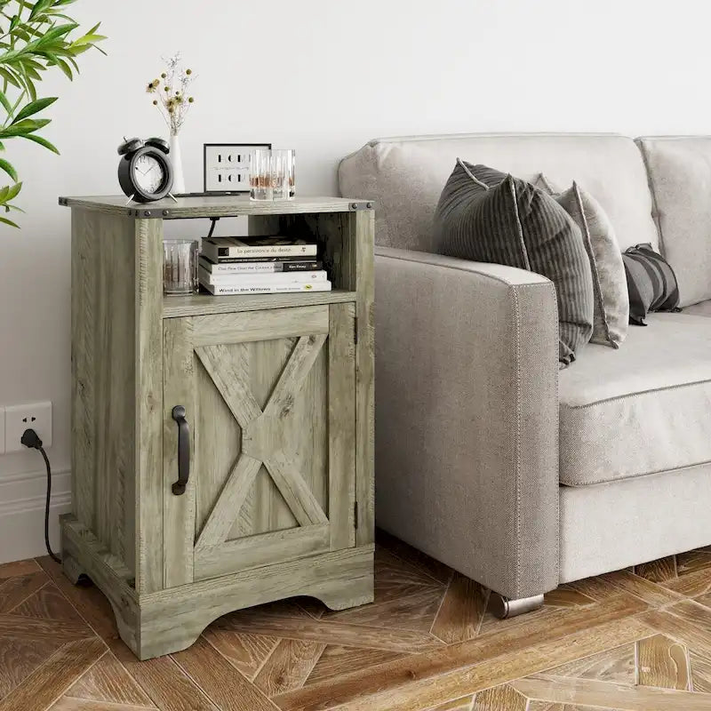 Farmhouse Nightstand with Charging Station and Barn Door