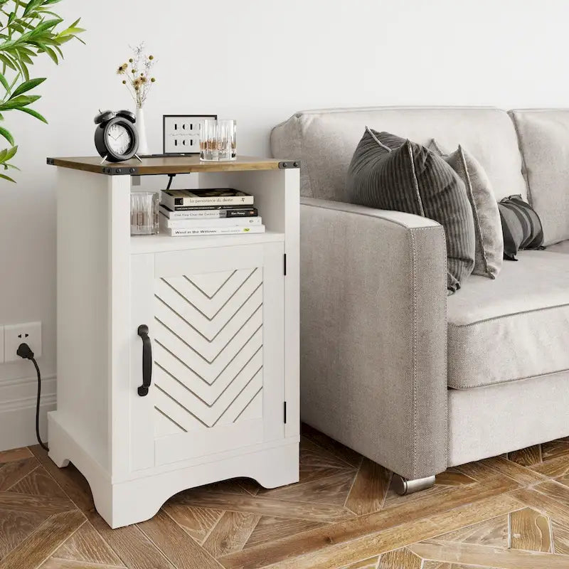 Farmhouse Nightstand with Charging Station and Barn Door
