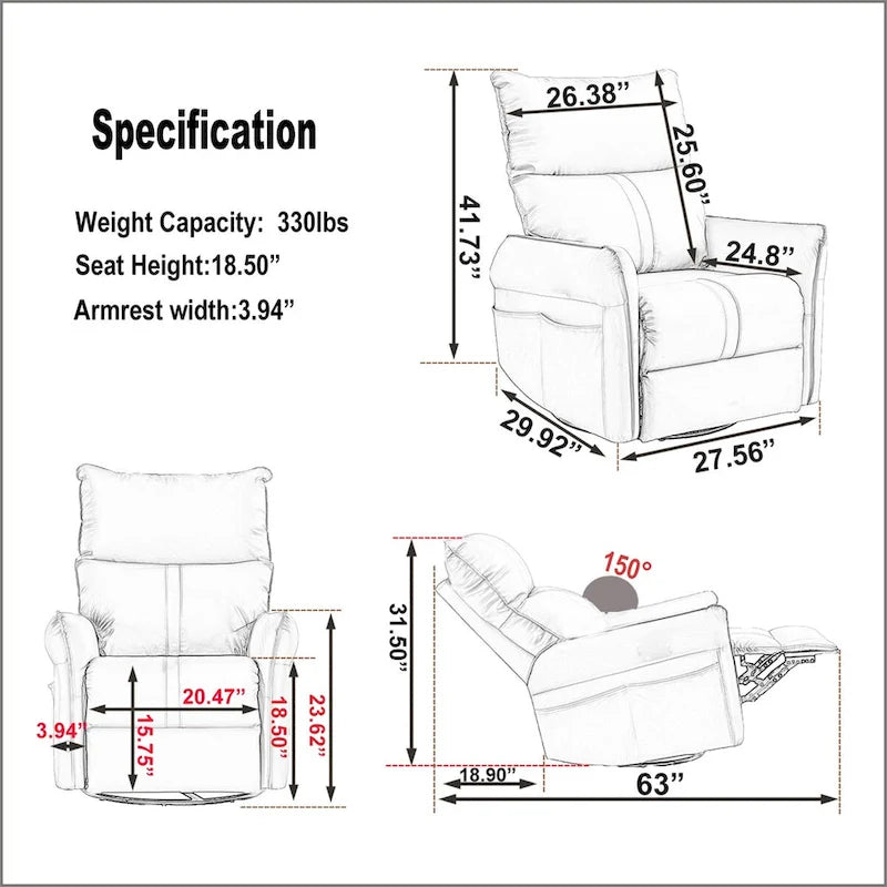 270 Power Swivel Rocker Recliner Chair with USB Ports