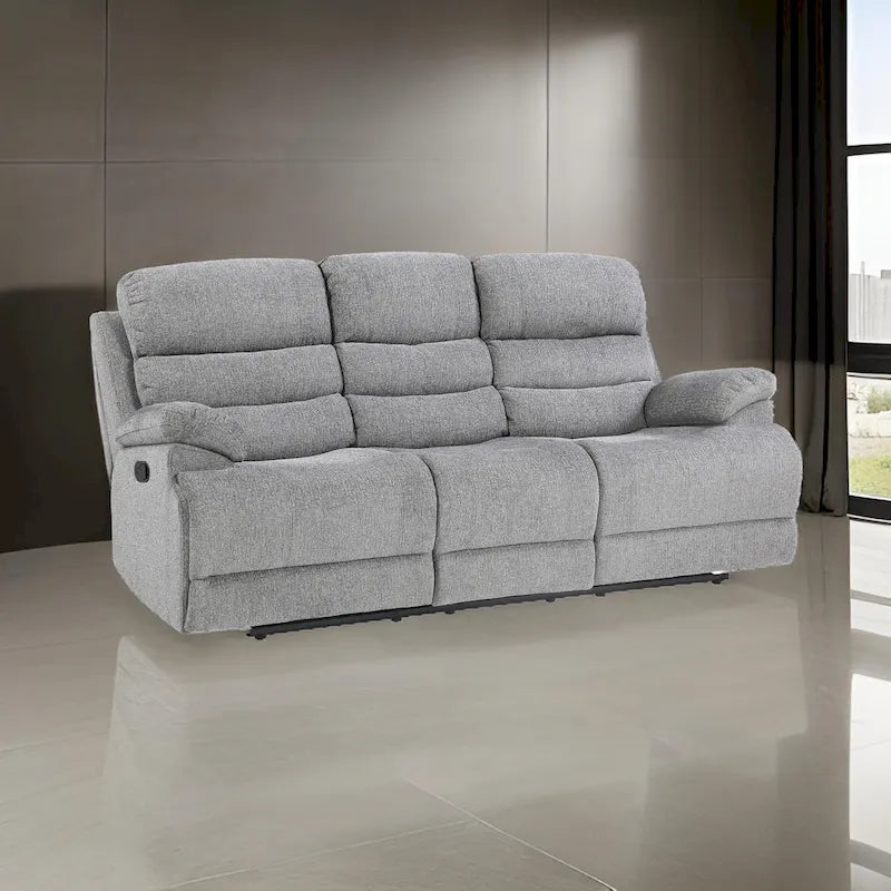 Leena 84 Inch Manual Double Recliner Sofa, Gray Chenille, Solid Wood